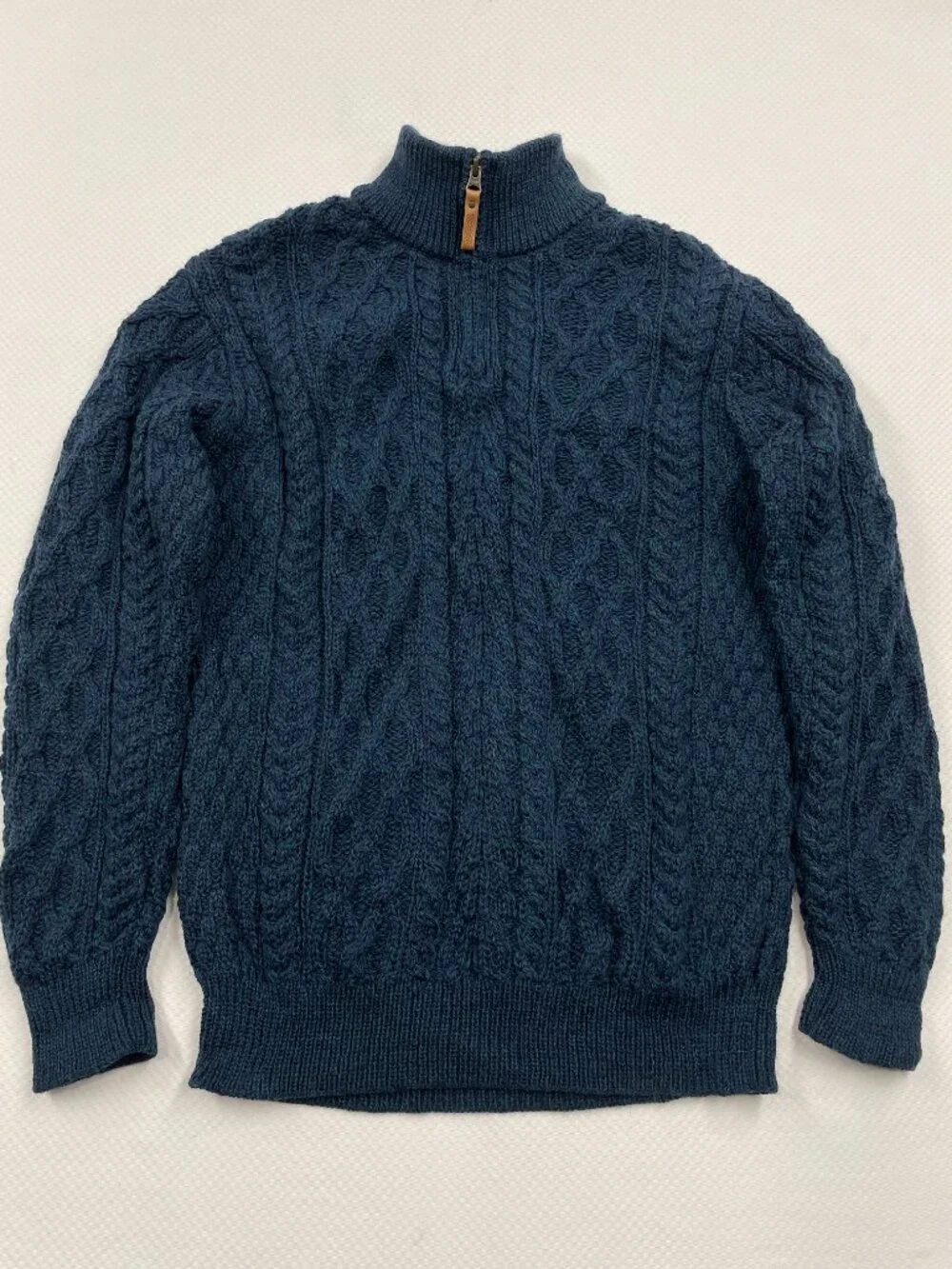 Aran Crafts Blue Merino Wool Cable Knit Half Zip Fisherman Irish Sweater Mens XL